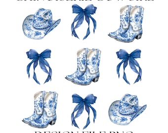Blue Chinoiserie Cowgirl: Bows & Boots PNG Design File