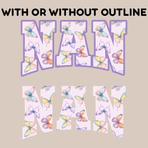 May include: A digital design featuring the word "NAN" in a purple outline with a butterfly pattern inside. The design is shown with and without the outline.