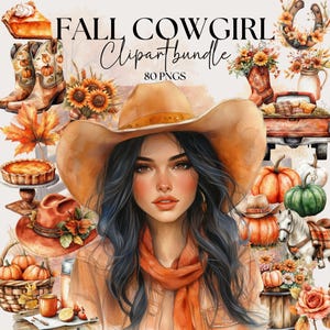 Pacchetto clipart di zucca cowgirl, elementi di design autunnale western png, set di diario autunnale png, cowgirl western arancione png, zucca Yeehaw png