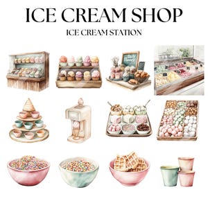 May include: Watercolor illustration of an ice cream shop with various ice cream displays, toppings, and waffle cones. The text "ICE CREAM SHOP" and "ICE CREAM STATION" are at the top of the image.
