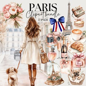 Paquete de imágenes prediseñadas de París, imágenes prediseñadas de viajes franceses, diseños de pegatinas de acuarela, elementos de diseño para diarios basura, imágenes prediseñadas de diario de viaje