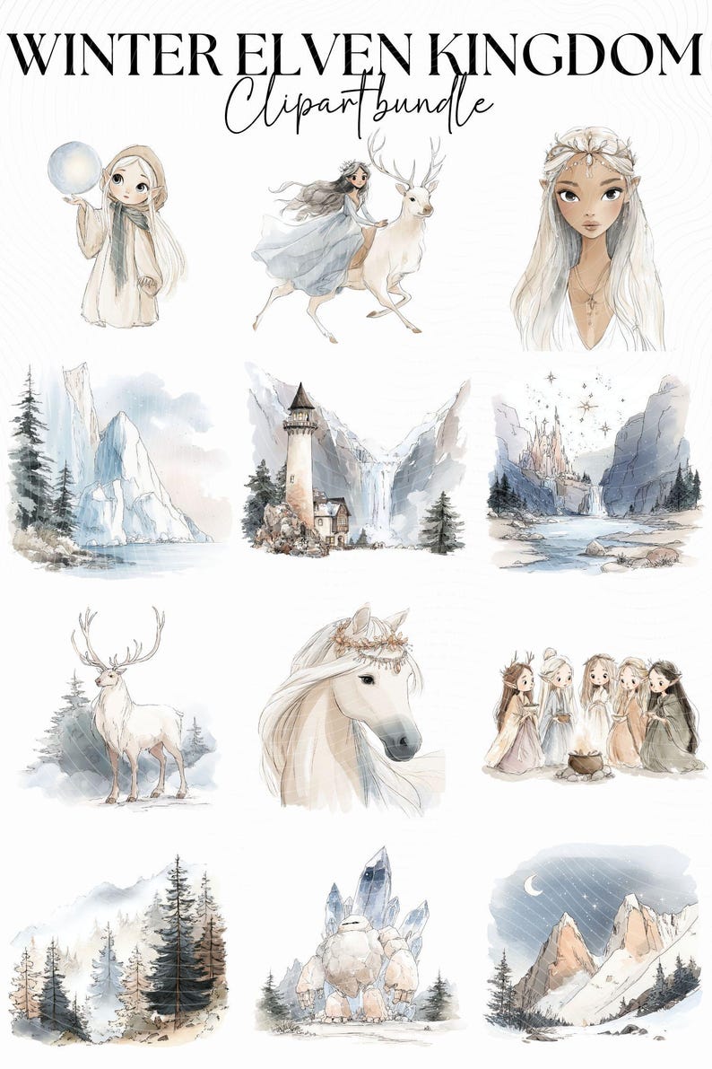 Winter Elven Kingdom Clipart Bundle, Ice Elf Princess Png, Snow Forest ...