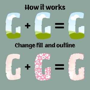 Puede incluir: C&oacute;mo funciona: Dos im&aacute;genes de la letra G se combinan para crear una nueva imagen de la letra G. La primera imagen es una G verde con un cielo azul y una nube blanca. La segunda imagen es una G rosa con un estampado de leopardo. El texto "Cambiar relleno y contorno" est&aacute; debajo del primer conjunto de im&aacute;genes.