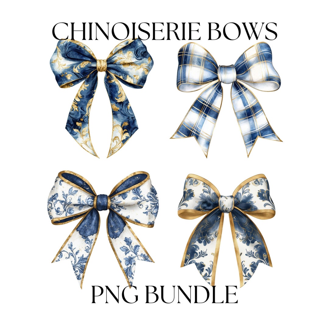 Blue Chinoiserie Bow Bundle Png, Blue White Gold Coquette Bows Png ...