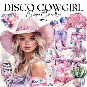 Disco Cowgirl Clipart-paket: Strasshattar, Saloon, Highland Cow PNG