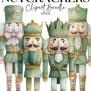 以下が含まれることがあります： 金色のアクセントが付いた、4つの緑色のくるみ割り人形の水彩イラスト。 各フィギュアは、王冠、帽子、口ひげなど、ユニークなデザインです。 上部には「GREEN NUTCRACKERS Clipart Bundle 4 PNGs」というテキストがあります。