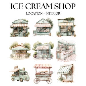 May include: Watercolor illustration featuring various ice cream shop locations and interiors. The image includes several shop fronts with striped awnings, a food truck, and a cart, all in soft pastel colors. Text at the top reads "ICE CREAM SHOP LOCATION + INTERIOR."