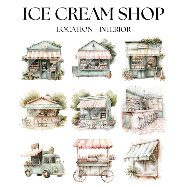 May include: Watercolor illustration featuring various ice cream shop locations and interiors. The image includes several shop fronts with striped awnings, a food truck, and a cart, all in soft pastel colors. Text at the top reads "ICE CREAM SHOP LOCATION + INTERIOR."