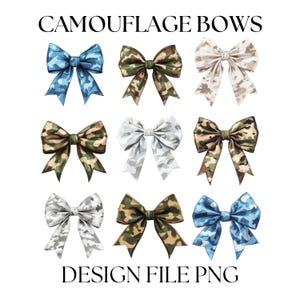 Può includere: Nove fiocchi mimetici in vari colori e motivi, tra cui blu, verde e bianco. I fiocchi sono disposti in una griglia su sfondo bianco. Il testo in alto recita "CAMOUFLAGE BOWS" e in basso "DESIGN FILE PNG".