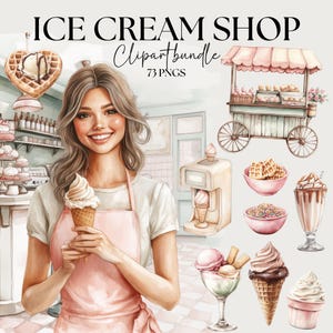 Pacchetto di clipart di gelaterie, elementi di design per marchi di piccole imprese, set di png di negozi di acquerelli, png di stile di vetrina di negozi locali, png di estetica da bar