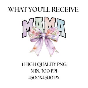 Peut inclure: Un t&eacute;l&eacute;chargement num&eacute;rique d'un design graphique repr&eacute;sentant le mot "MAMA" dans un sch&eacute;ma de couleurs arc-en-ciel pastel avec un n&oelig;ud floral au centre. Le design mesure 4500 pixels par 4500 pixels et a une r&eacute;solution minimale de 300 pixels par pouce.