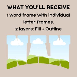 May include: A digital download of a word frame with individual letter frames. The word "MAN" is shown in the image. The letters are filled with a green and blue landscape design. The text "WHAT YOU'LL RECEIVE" is at the top of the image. The text "1 word frame with individual letter frames." is below the first line of text. The text "2 layers: Fill + Outline" is below the second line of text.