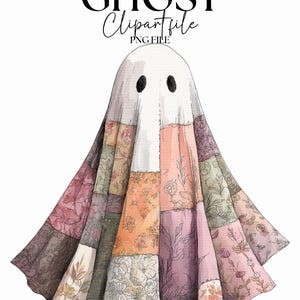 May include: A whimsical illustration of a ghost with a patchwork quilt-like body. The ghost's head is covered in a white sheet with two black eye holes. The patchwork design features floral patterns in shades of pink, orange, and green. Text at the top reads "PATCHWORK GHOST Clipart file PNG FILE."