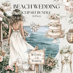 Strand Hochzeit Clipart Bundle, Boho Küsten Hochzeit Einladung Design-Elemente, Orchidee Blumenarrangements png, Aquarell Hochzeit Timeline