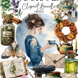 May include: Digital clipart bundle titled "The Tea Witch's Journal" featuring watercolor illustrations. Includes a woman with a teacup, a moth, herbs, crystals, a teapot, and other mystical elements. The bundle contains 54 PNGs.