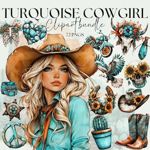 May include: Digital clipart bundle titled "Turquoise Cowgirl" featuring a portrait of a woman with a cowboy hat, and various turquoise and brown themed illustrations, including a motorcycle, boots, and a skull.