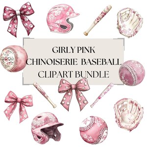 May include: A digital clipart bundle of pink and white baseball themed illustrations. The bundle includes a baseball helmet, baseball, bat, glove, and bow. The text "Girly Pink Chinoiserie Baseball Clipart Bundle" is included in the image.