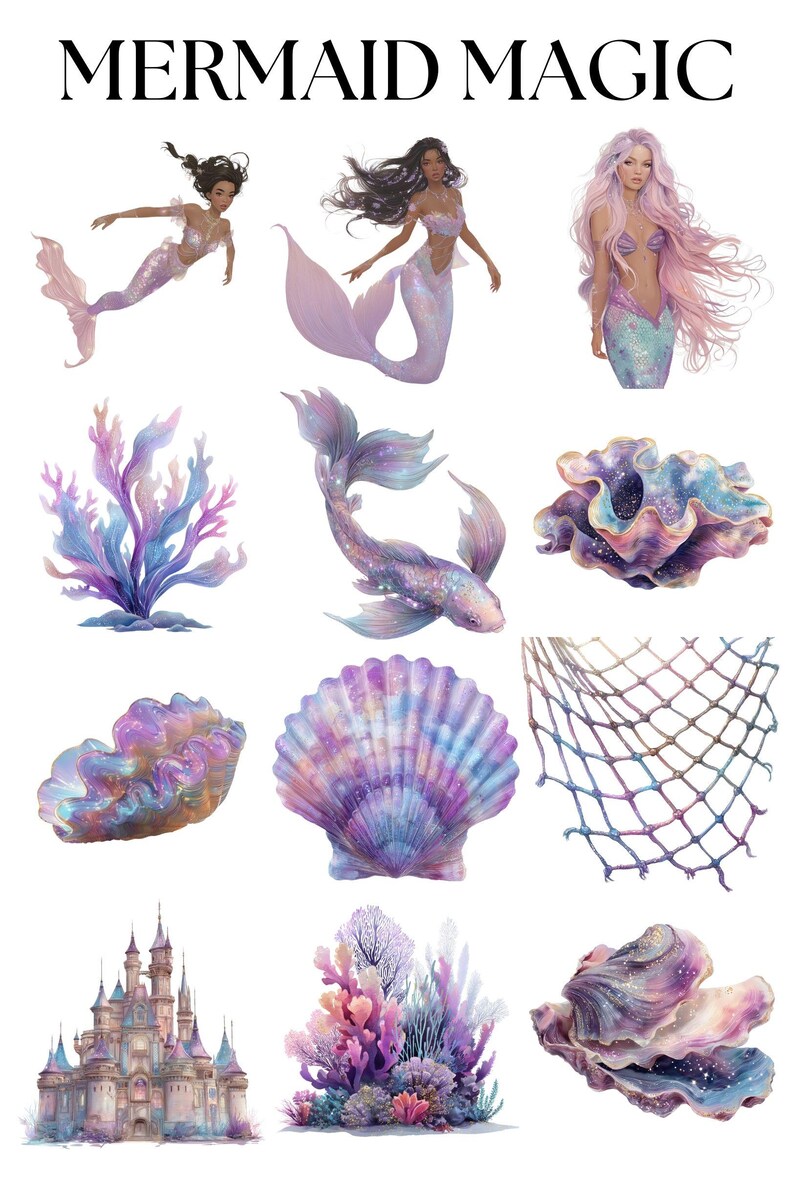 Mermaid Magic Clipart Bundle | 60 PNG Mermaid Illustrations | Fantasy ...
