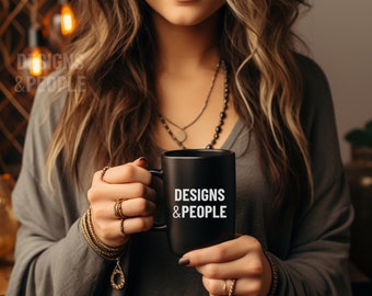 Black Mug Mockup: Woman Holding Coffee Cup (PNG)