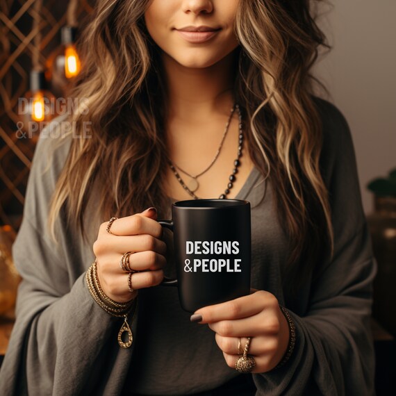 Black Mug Mockup: Woman Holding Coffee Cup (PNG)