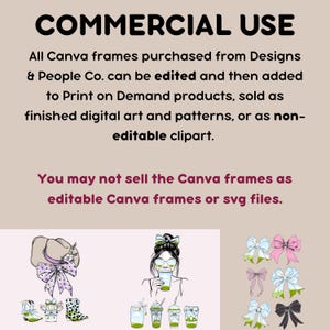 May include: Text graphic with the words "COMMERCIAL USE" in bold black letters. The text below explains that Canva frames purchased from Designs & People Co. can be edited and used for commercial purposes, such as print-on-demand products, digital art, patterns, and non-editable clipart. The text also states that the frames cannot be sold as editable Canva frames or SVG files. The image also includes three illustrations: a woman with a hat and bow, a woman with a bow in her hair drinking from a cup, and a collection of bows in various colours.