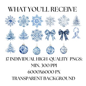 May include: A set of 17 blue and white watercolor illustrations of snowflakes, Christmas trees, ornaments, bows, and ribbons. The illustrations are on a transparent background and are 6000x6000 pixels in size.