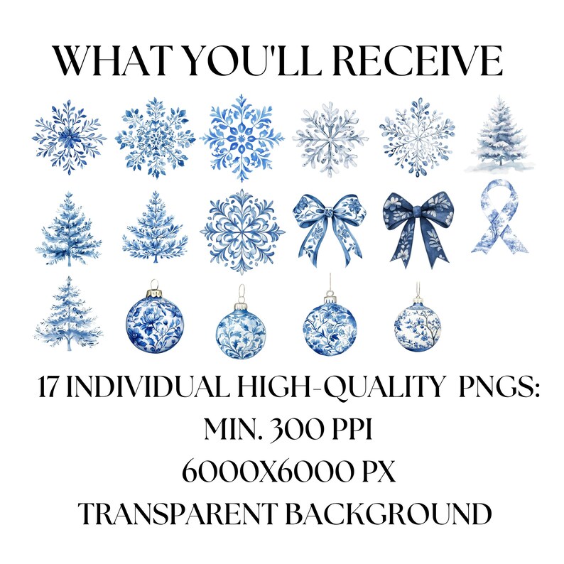 May include: A set of 17 blue and white watercolor illustrations of snowflakes, Christmas trees, ornaments, bows, and ribbons. The illustrations are on a transparent background and are 6000x6000 pixels in size.