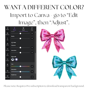 May include: A graphic with the text "WANT A DIFFERENT COLOR?" and instructions to edit an image in Canva. Two glittery bows, one pink and one teal, are displayed. A Canva editing interface is shown on the left.