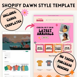 Modello di stile del tema Dawn di Shopify / Configurazione del tema Dawn del negozio online Retro Groovy / Design Canva personalizzabili per il tuo negozio
