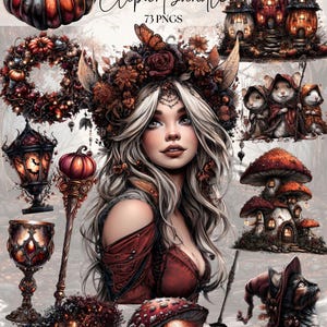Może przedstawiać: Pakiet grafiki cyfrowej zatytułowany "Halloween Fairy Garden Clipart Bundle" przedstawiający kobietę z długimi blond włosami i kwiatową koroną. Zawiera ilustracje dyni, domków wróżek, grzybów, kota i innych elementów o tematyce Halloween.