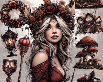 Paquete de imágenes prediseñadas de jardín de hadas de Halloween: Conjunto PNG de hadas espeluznantes