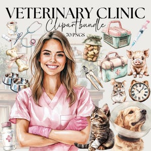 Paquete de imágenes prediseñadas de clínica veterinaria, conjunto de imágenes PNG de tienda veterinaria en acuarela, elementos de diseño de hospital veterinario, paquete de imágenes prediseñadas para pequeñas empresas, colores pastel
