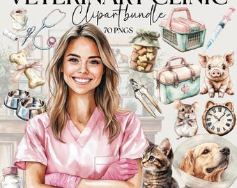 May include: Watercolor illustration of a veterinary clinic clipart bundle. The image features a smiling woman in a pink uniform, surrounded by medical tools, pets, and the text "VETERINARY CLINIC Clipart bundle 70 PNGS".