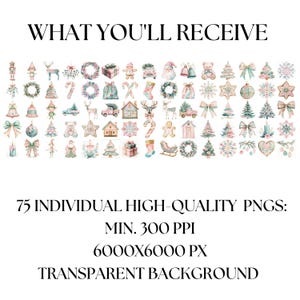 May include: 75 individual high-quality PNG images of Christmas-themed illustrations. The images are in a watercolor style and feature a variety of festive elements, including wreaths, ornaments, trees, and gifts. The images are transparent and have a minimum resolution of 6000x6000 pixels.