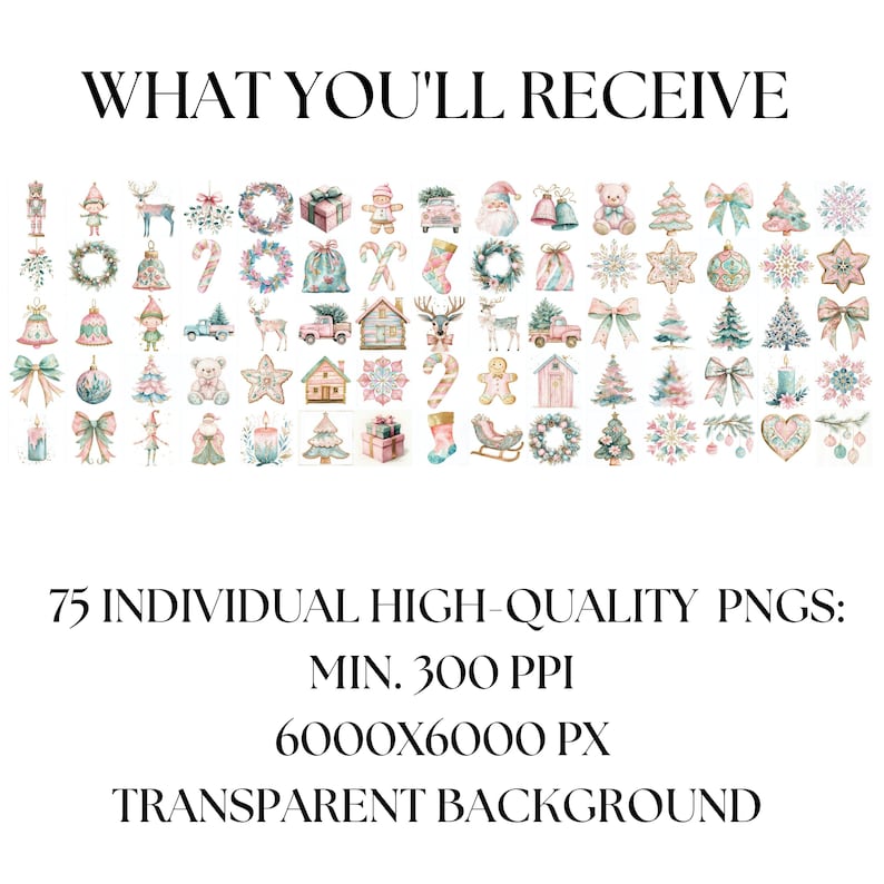 May include: 75 individual high-quality PNG images of Christmas-themed illustrations. The images are in a watercolor style and feature a variety of festive elements, including wreaths, ornaments, trees, and gifts. The images are transparent and have a minimum resolution of 6000x6000 pixels.