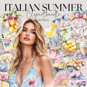 Pacchetto di clipart estive italiane, clipart costiere mediterranee acquerellate, limoni siciliani e piastrelle rosa, elementi di design dello stile di vita di Amalfi
