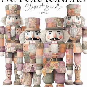 Puede incluir: Cuatro figuras de cascanueces de patchwork con barbas blancas, bigotes y sombreros de copa. Los cascanueces visten trajes de patchwork coloridos con estampados florales y geométricos. La imagen incluye el texto "PATCHWORK NUTCRACKERS Clipart Bundle 4 PNGs".