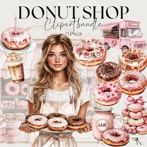 Pacote de clipart de loja de donuts, ferramentas para proprietários de pequenas empresas, convite de doces em tons pastéis, donut em formato de coração png, parede de donuts png, café e bolo png