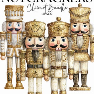 May include: Four gold glitter nutcrackers in a clipart bundle. Each nutcracker has a unique design, with gold and white uniforms, black moustaches, and blue eyes. The text "GOLD GLITTER NUTCRACKERS Clipart Bundle 4 PNGs" is at the top.