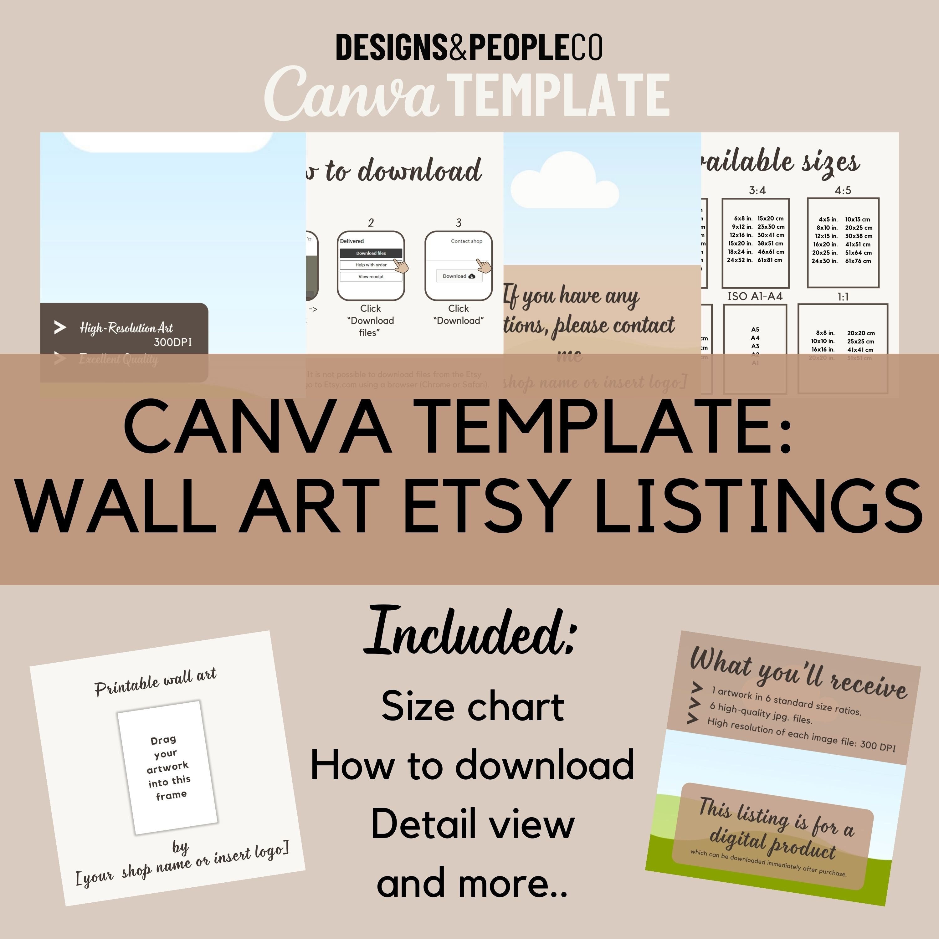 Modèle de toile d'art mural Etsy dans une couleur et une police vintage neutres et modernes, modèle d'image de liste facile à utiliser, modèle de tableau des tailles en toile