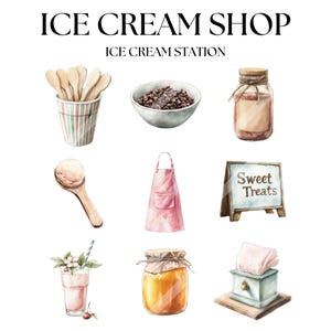 May include: Watercolor illustration of an ice cream shop with various elements. Includes a paper cup with wooden spoons, a bowl of chocolate chips, a jar, a wooden scoop with ice cream, a pink apron, a sign that says "Sweet Treats", a milkshake, a jar of honey, and a small box.