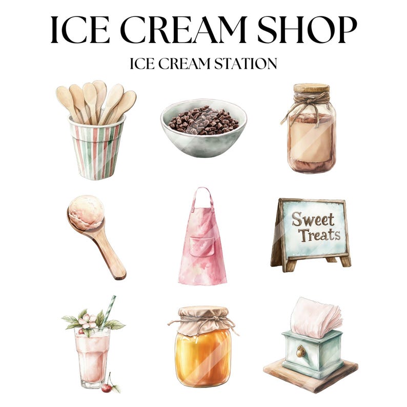 May include: Watercolor illustration of an ice cream shop with various elements. Includes a paper cup with wooden spoons, a bowl of chocolate chips, a jar, a wooden scoop with ice cream, a pink apron, a sign that says "Sweet Treats", a milkshake, a jar of honey, and a small box.