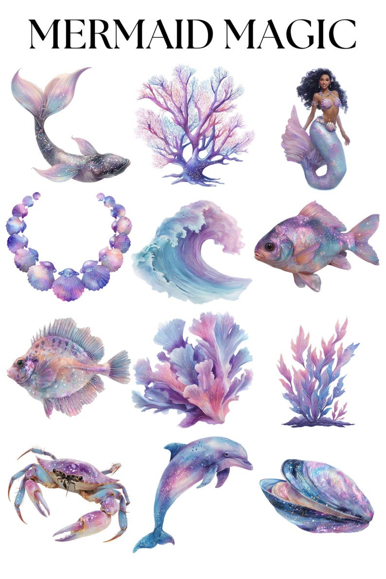 Mermaid Magic Clipart Bundle | 60 PNG Mermaid Illustrations | Fantasy ...