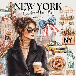 New York clipartbundel, VS reisthema clipartset, aquarel sticker ontwerpen, NYC Junkjournal designelement, reisdagboek clipart