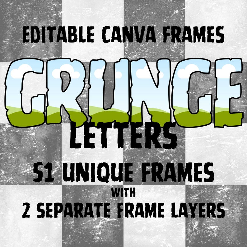 Puede incluir: Marcos Canva editables con letras grunge. 51 marcos &uacute;nicos con 2 capas de marco separadas.