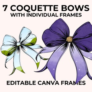 Könnte beinhalten: Sieben bearbeitbare Canva-Rahmen mit Illustrationen von lila und blauen Schleifen mit goldener Mitte. Der Text "7 Coquette Bows with Individual Frames" und "Editable Canva Frames" ist im Bild enthalten.