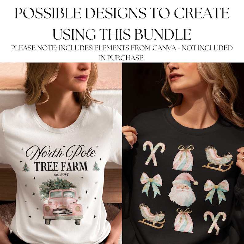 May include: Two images of t-shirts with different Christmas designs. The first t-shirt is white with a pink truck and the text "North Pole Tree Farm est. 1895". The second t-shirt is black with a variety of Christmas designs including candy canes, bows, a Santa Claus, and a sleigh.