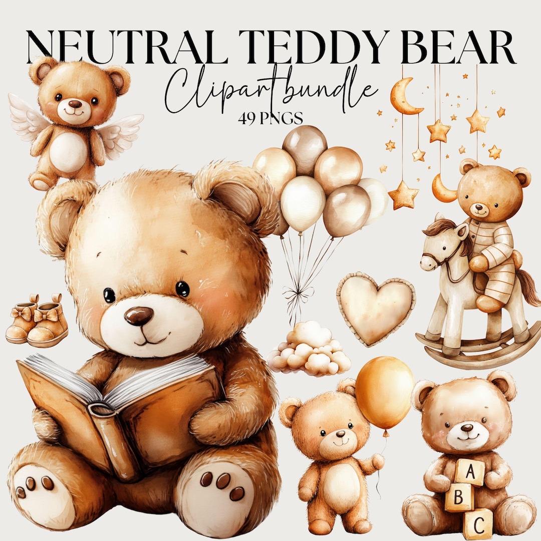 Neutral Teddy Bear Clipart Bundle, Beige Nursery Decor, Watercolor Baby ...