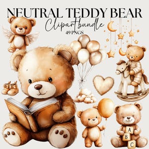 Neutral Teddy Bear Clipart Bundle, Beige Nursery Decor, Watercolor Baby Shower Bundle, Invitation Design Elements, Baby Junkjournal png