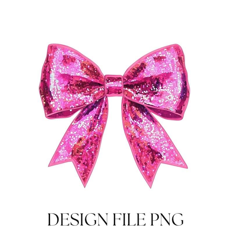May include: A pink sequined bow illustration on a white background. The bow has a classic shape with two loops and two streamers. The text "DESIGN FILE PNG" is at the bottom.